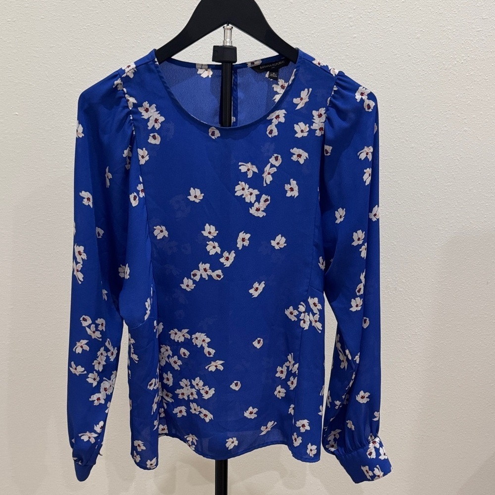 Banana Republic Royal Blue Floral Long-Sleeve Blouse